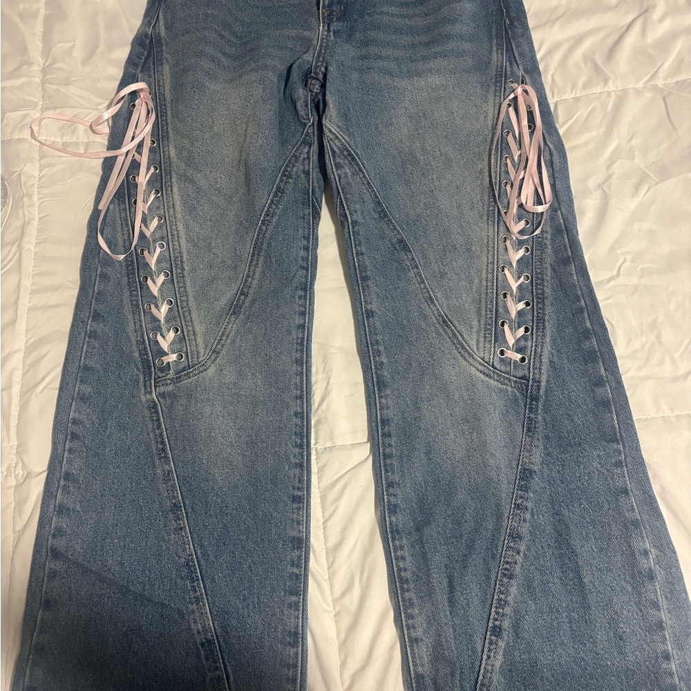 Edikted Blue and Pink Flare Jeans with Embroidered Design